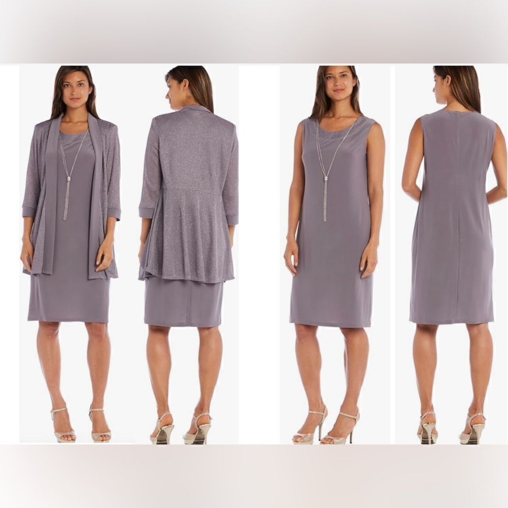 R&M Richards Metallic Two-Piece Sleeveless Dress & Jacket Set Womens Size 14